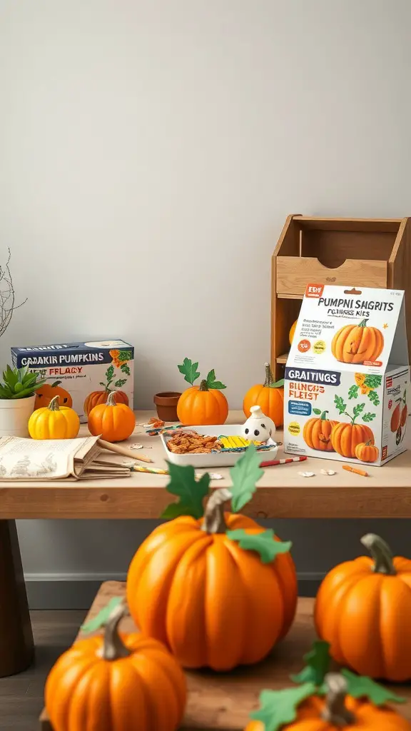 25+ Unique Fall Pumpkin Crafts to Try This Season 11 A cozy table with pumpkin craft kits for kids, featuring bright orange pumpkins, stickers, and a playful ghost figure.