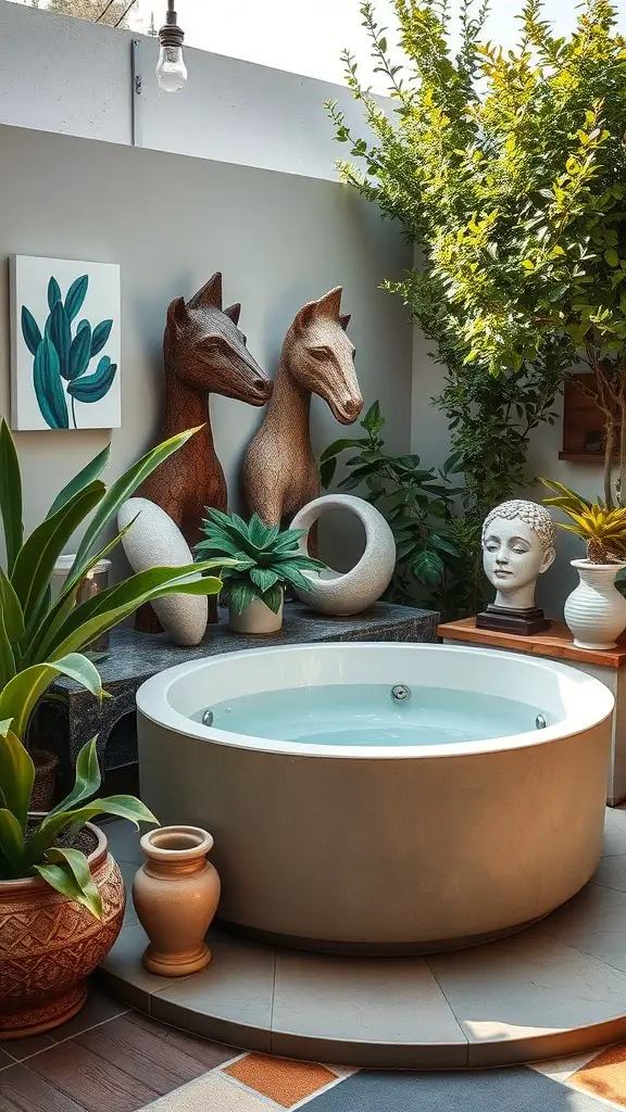 23+ Stunning Ideas for Decorating Your Garden Tub in the Master Bath 18 A serene master bath featuring a round garden tub, wooden horse sculptures, a bust, and a cactus painting surrounded by lush greenery.