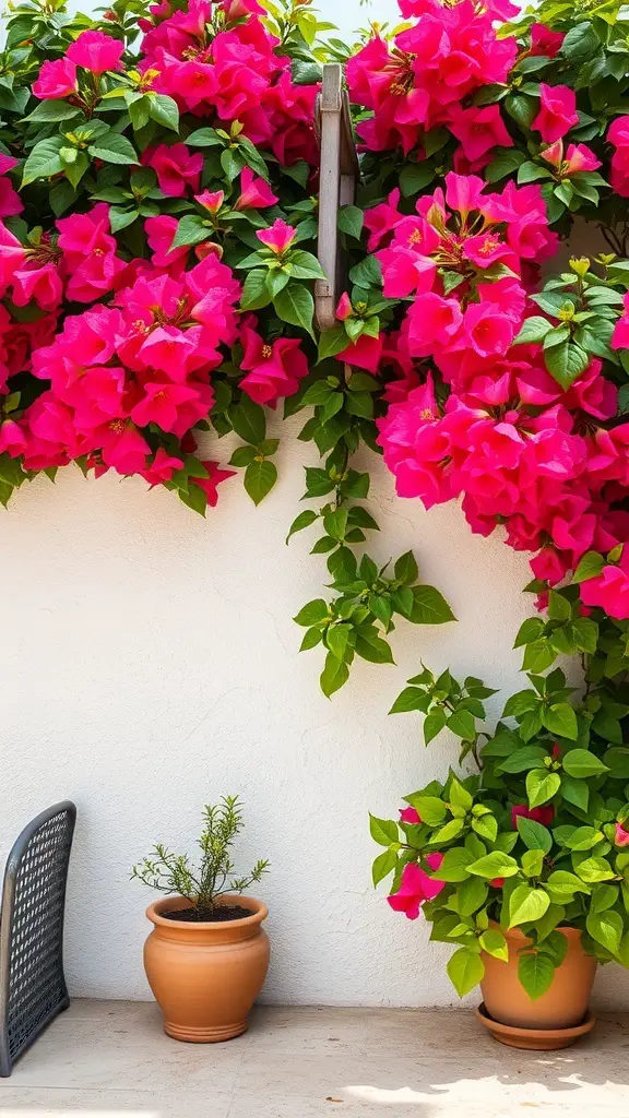 A vibrant display of pink bougainvillea flowers cascading over a white wall with terracotta pots.