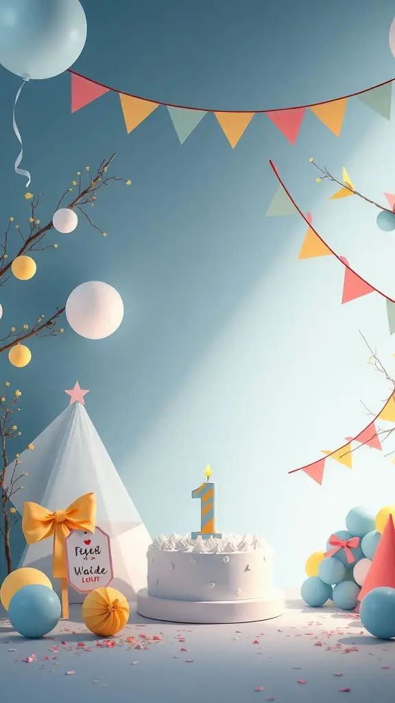 19+ Fun and Creative 1st Birthday Party Ideas for Your Little One 11 A colorful first birthday party setup featuring a cake, balloons, and decorations.