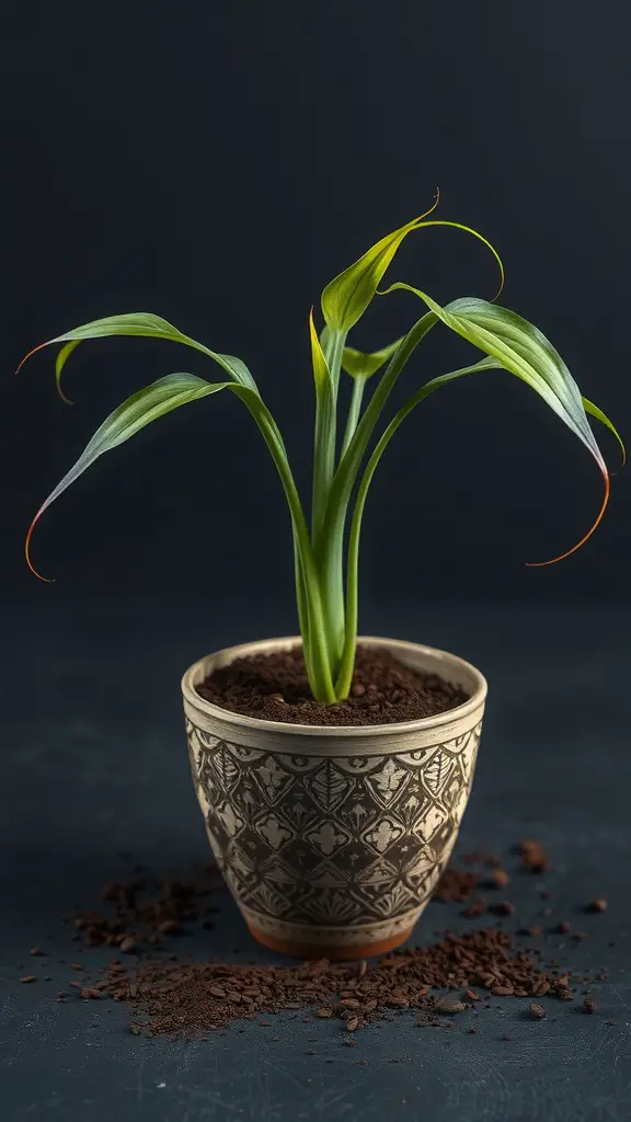 A spider plant in a decorative pot with coffee grounds around it.