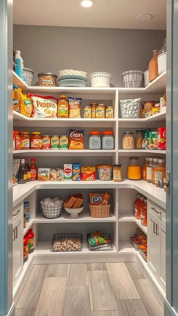 17+ Creative L Shaped Pantry Ideas for Your Kitchen 14 A well-organized pantry with various snacks and food items neatly arranged on shelves.