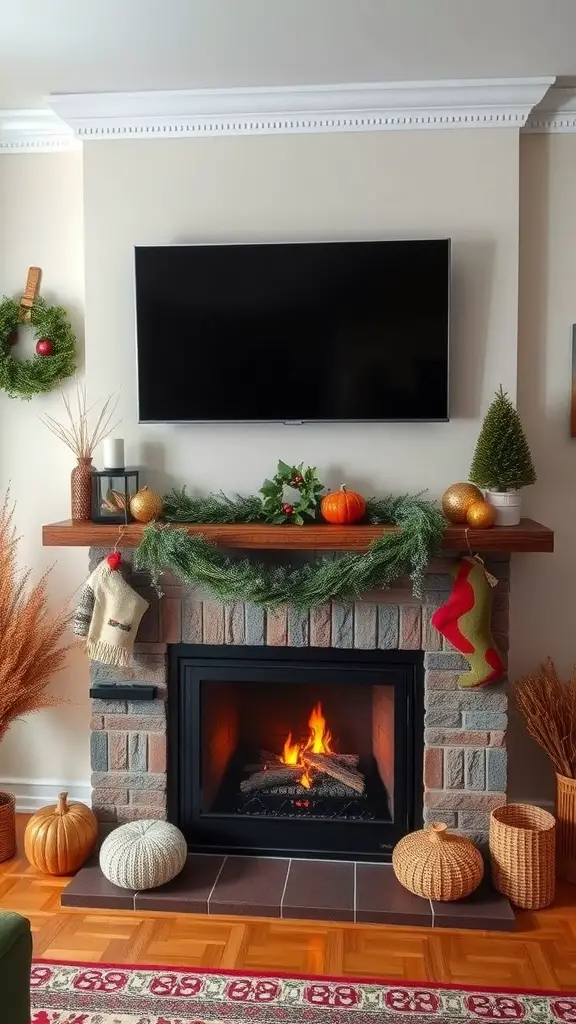 21 Stunning Fireplace TV Wall Ideas for Your Living Room 16 Cozy fireplace TV wall decorated for the fall season with pumpkins, a wreath, and festive elements.