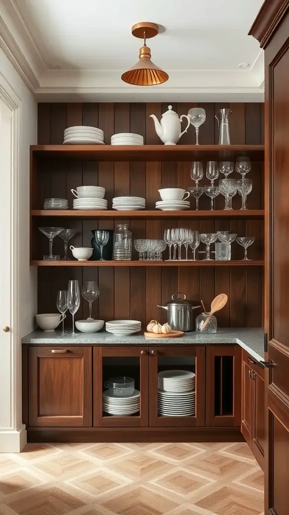A stylish butler's pantry featuring open shelving with plates, glasses, and a countertop.