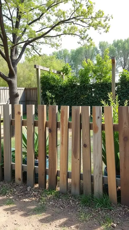 21+ Creative Pallet Garden Ideas You Need to Try 17 A wooden pallet fence surrounding a garden area with greenery in the background.