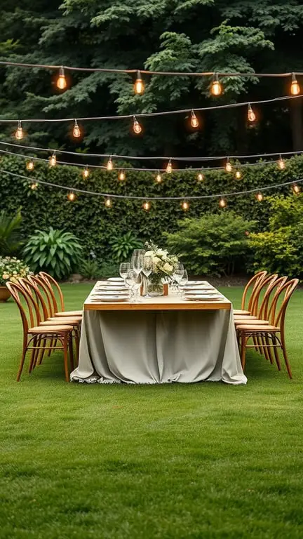 17+ Inspiring Turf Backyard Ideas for a Gorgeous Outdoor Space 12 Outdoor dining setup on turf with a table, chairs, and string lights