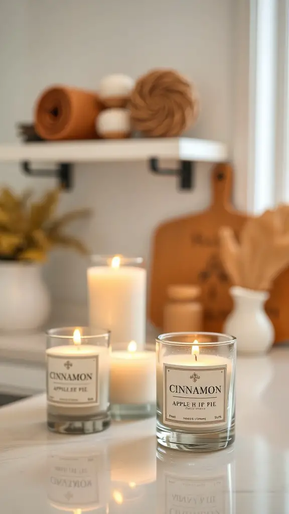 21+ Stunning Fall Kitchen Decor Ideas to Elevate Your Space 9 A cozy kitchen scene featuring candles with autumn scents, including cinnamon and apple pie.