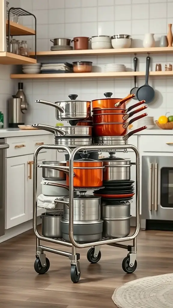 23+ Genius Ways to Organize Your Pots and Pans Storage 13 A rolling cart filled with pots and pans in a modern kitchen setting.