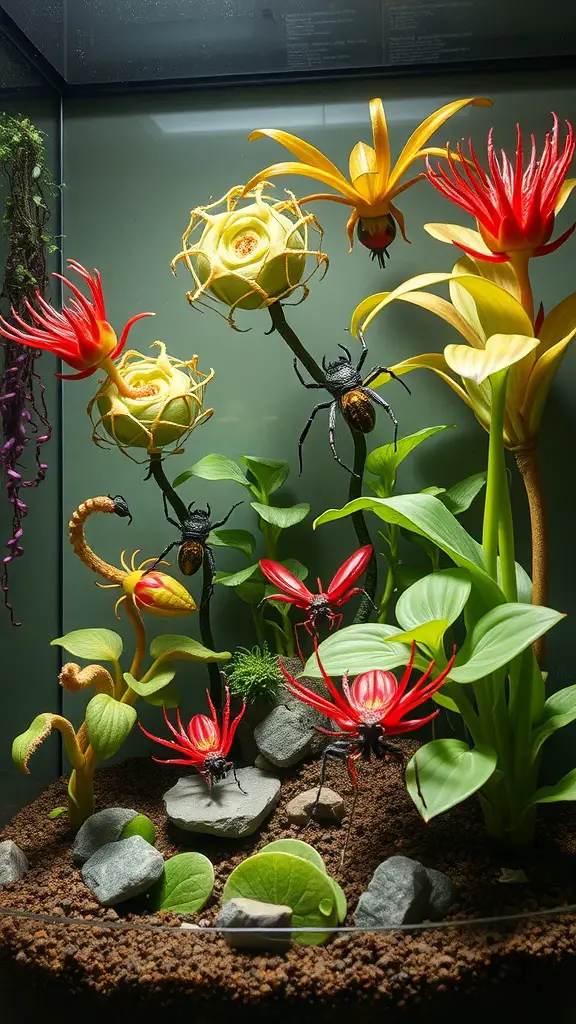 A colorful terrarium featuring carnivorous plants and insect figures.