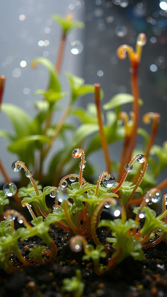 Close-up of dewy sundew plants with water droplets glistening on their leaves