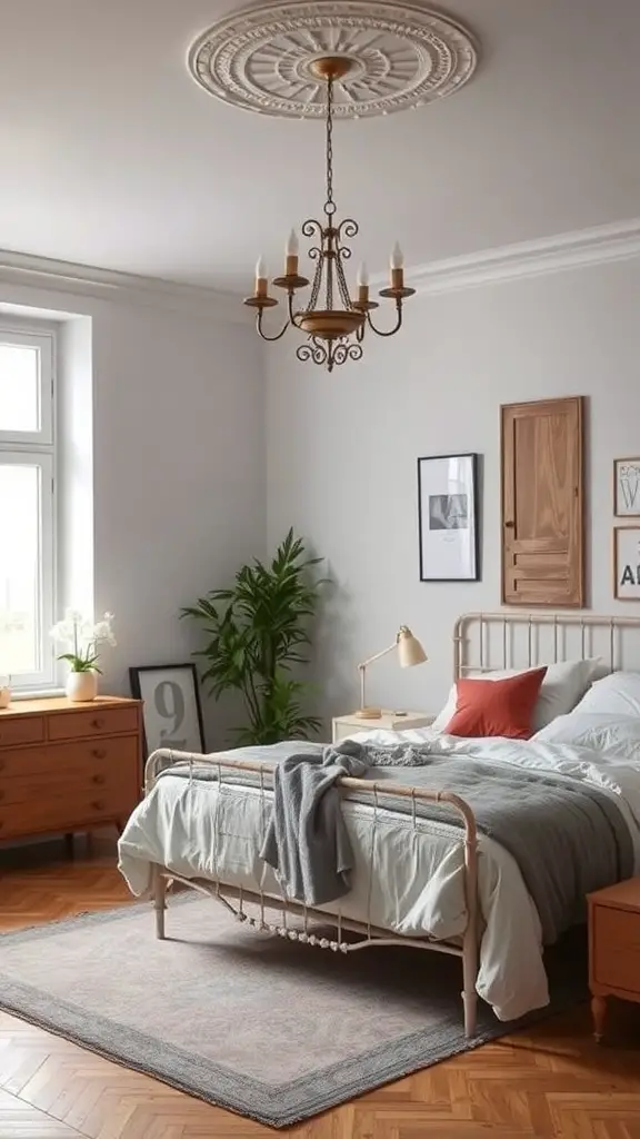 A stylish bedroom featuring a mix of vintage and modern elements, including a metal bed frame, wooden furniture, and a chandelier.