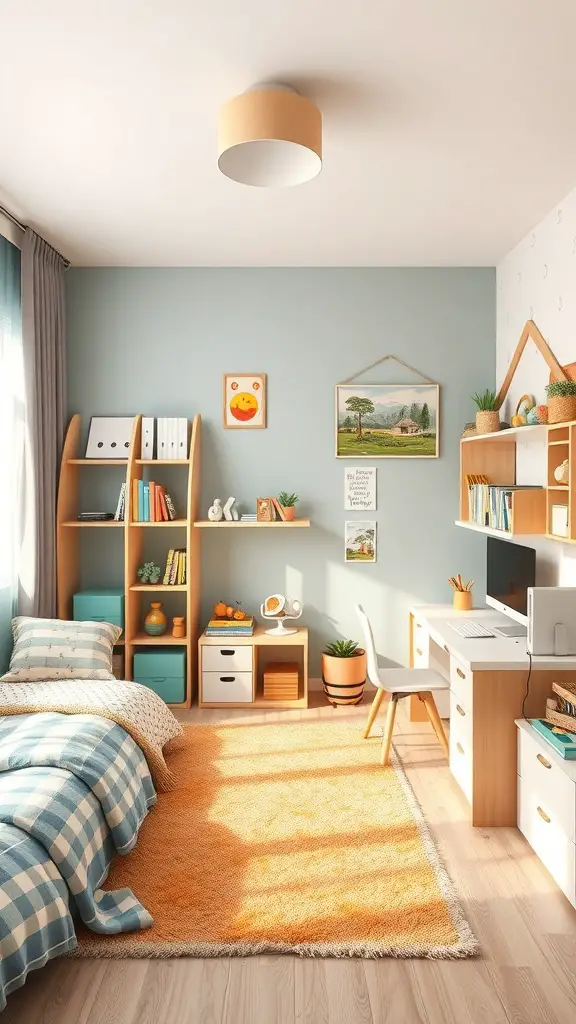 21+ Creative Kids Room Interior Design Ideas for Every Style 5 A well-designed kids' room with a cozy bed, study area, and organized storage.