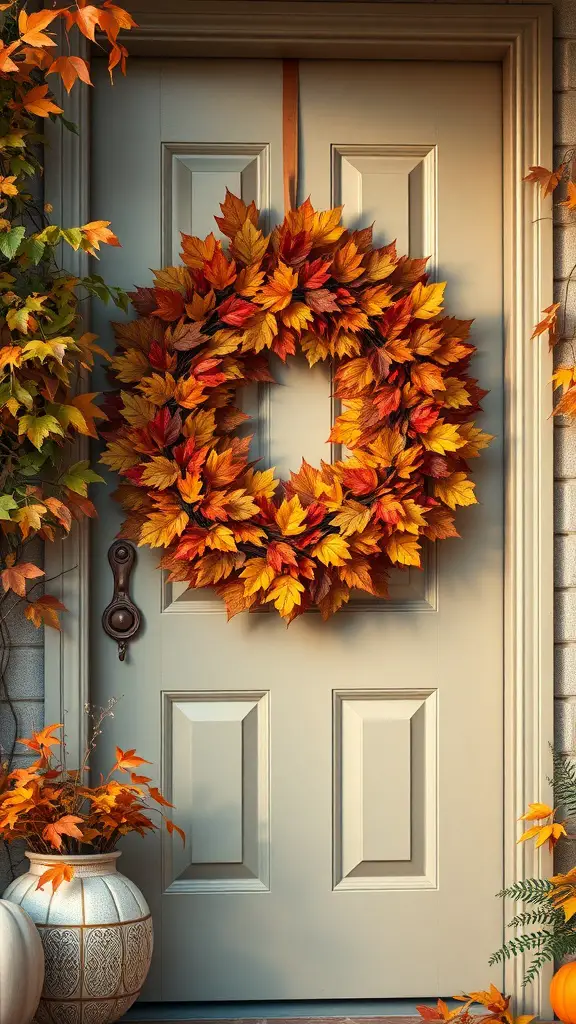 25+ Stunning Fall Front Door Decor Ideas to Transform Your Home 5 A front door decorated with a wreath made of colorful autumn leaves.