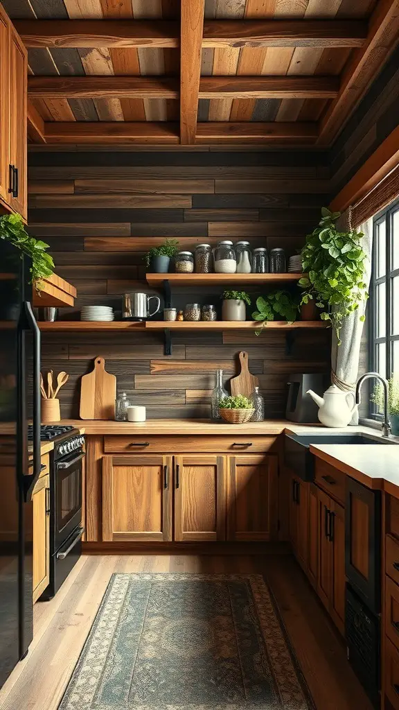 15+ Stunning Green Kitchen Designs You’ll Love 8 A rustic kitchen featuring reclaimed wood elements, open shelving with jars, and plants.