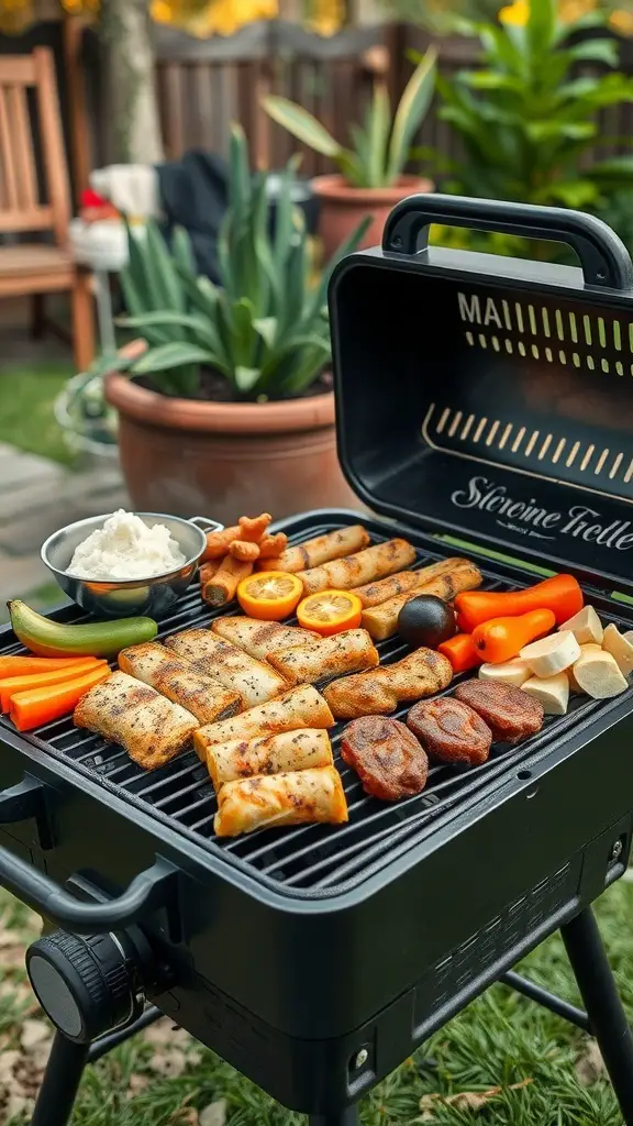 A grill filled with a variety of grilled foods including sausages, wraps, and vegetables, set in a backyard camping scene.