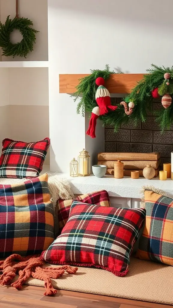 Cozy fireplace decor with plaid pillows and a festive garland