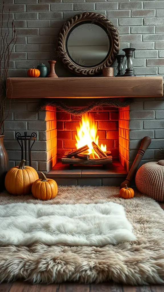 Cozy fireplace decor with faux fur rug and pumpkins