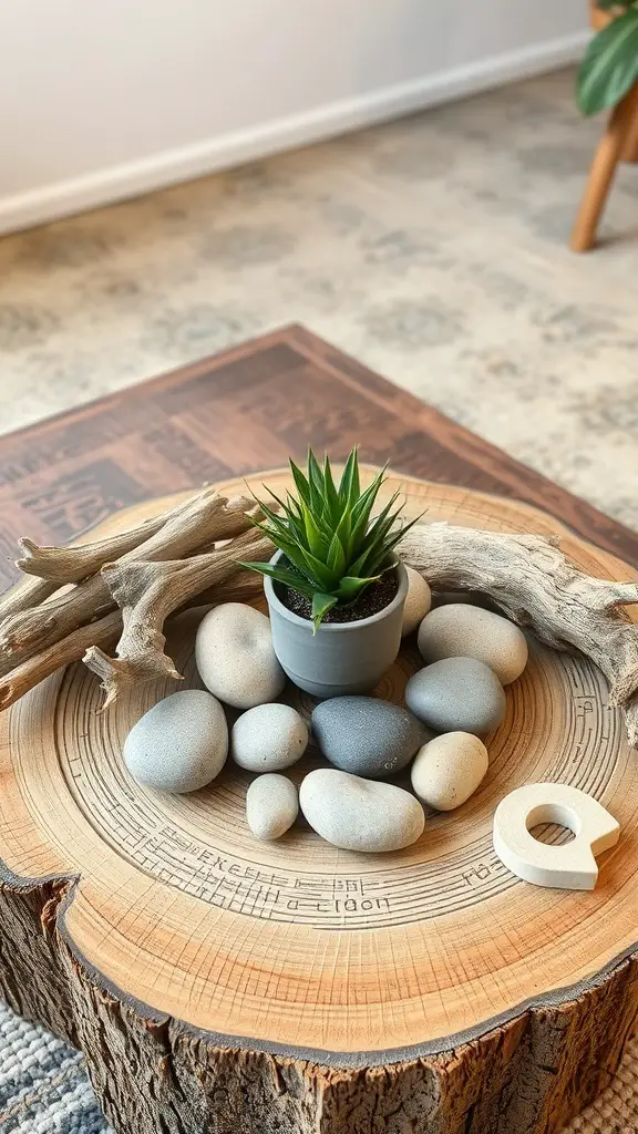 15 Creative Coffee Table Arrangement Ideas to Elevate Your Living Space 10 Coffee table arrangement featuring driftwood, pebbles, and a small potted plant.