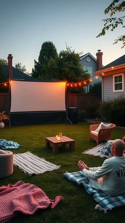 17+ Inspiring Turf Backyard Ideas for a Gorgeous Outdoor Space 15 A backyard setup for an outdoor movie night with a large screen, blankets, and string lights.