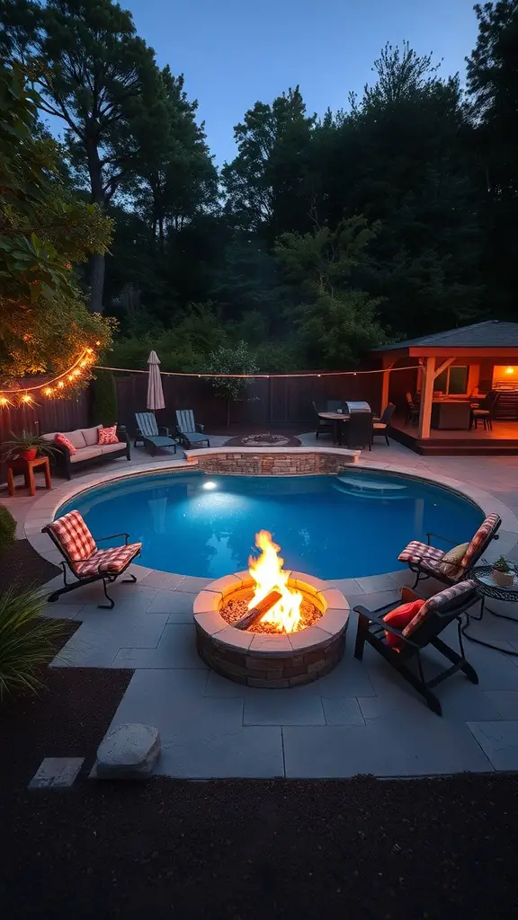 17+Creative Sunken Above Ground Pool Ideas for Your Backyard 8 A cozy outdoor space featuring a fire pit surrounded by seating and a pool, illuminated by string lights.