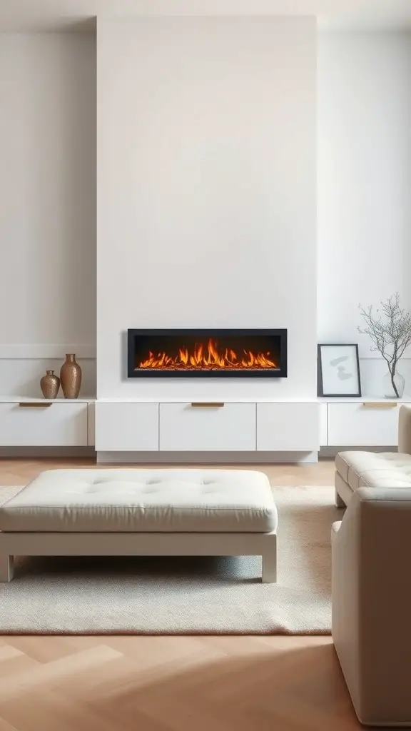 25+ Cozy Living Room Fireplace Ideas for a Warm Atmosphere 10 A contemporary electric fireplace mounted on a white wall in a modern living room setting.