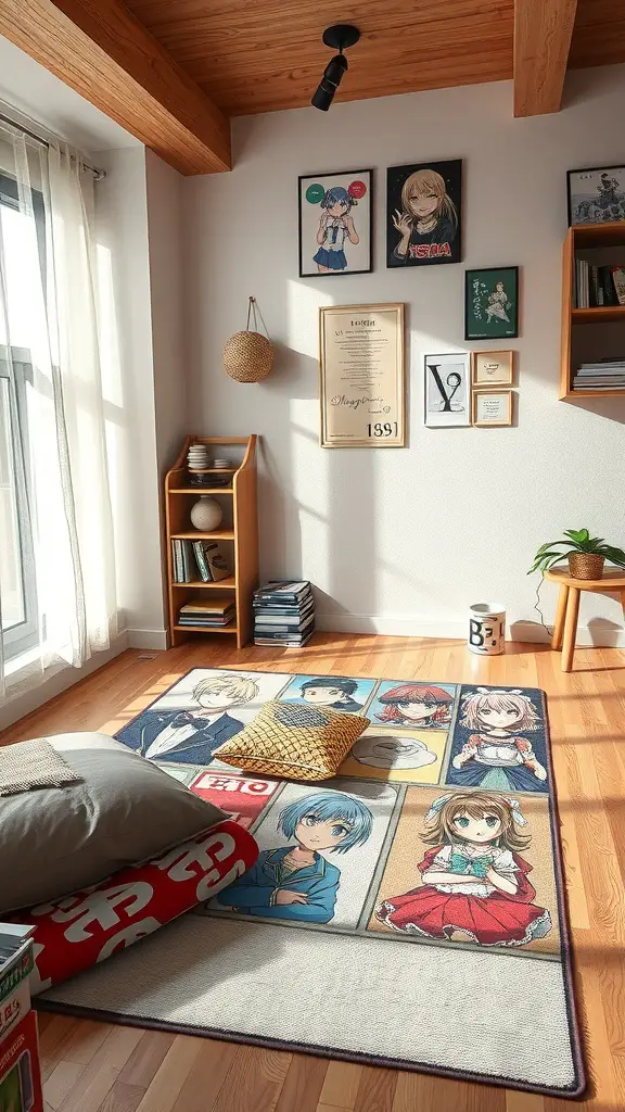 A cozy room with a themed area rug featuring various anime characters, complemented by cushions and decor.