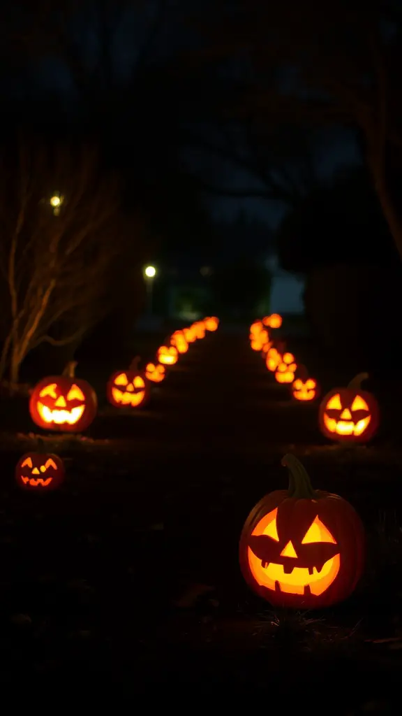 25+ Unique Fall Pumpkin Crafts to Try This Season 6 A pathway illuminated by carved pumpkins, showcasing various jack-o'-lantern faces.