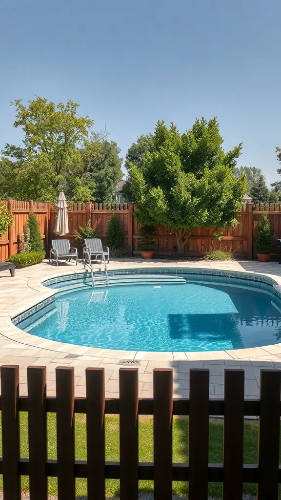 23+ Stunning Semi Inground Pool Ideas for Your Backyard Oasis 14 A semi-inground pool surrounded by a wooden fence and lush greenery.