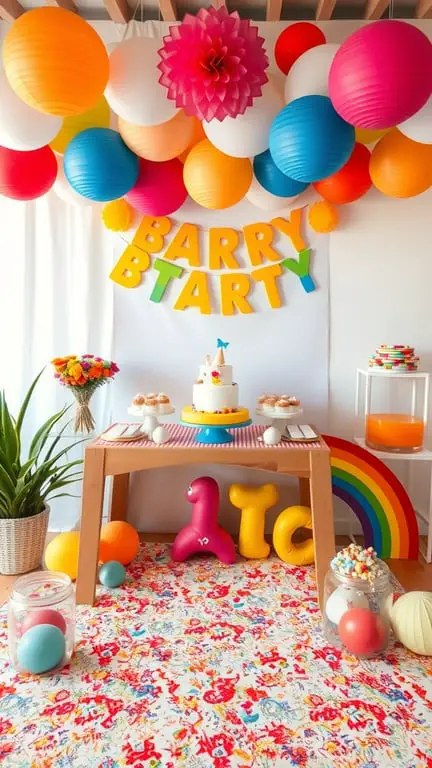 19+ Creative Baby Shower Themes to Celebrate February Babies 5 A colorful baby shower setup featuring balloons, a cake, and playful decorations.