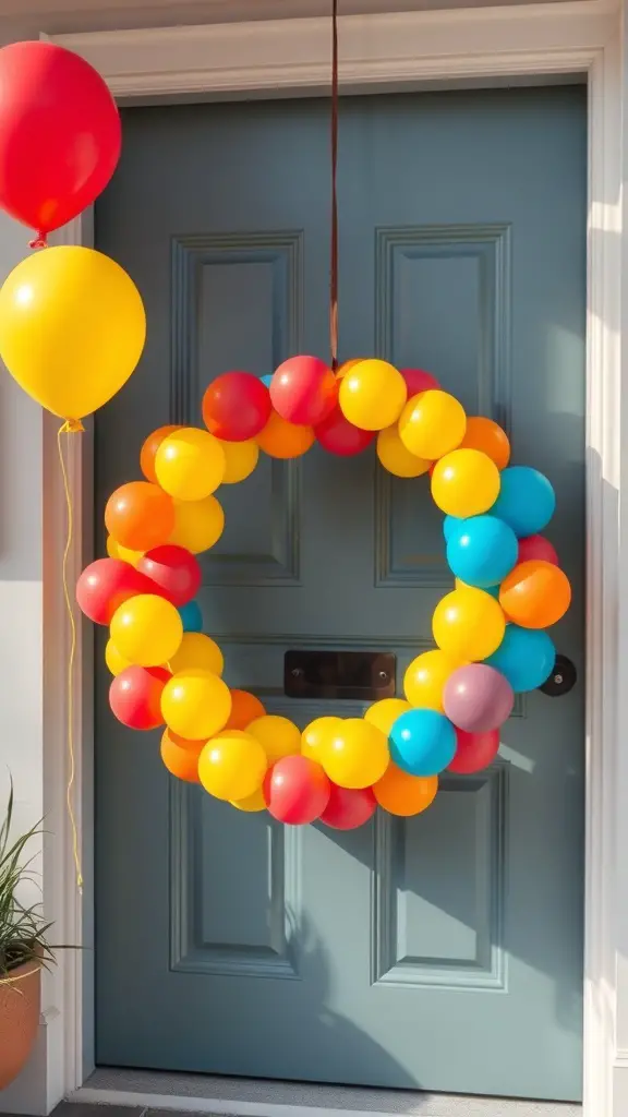 19+ Creative Balloon Decoration Ideas for Your Next Party 14 Colorful balloon wreath on a blue door with additional balloons