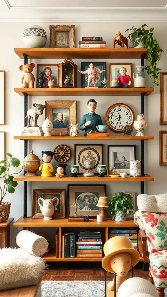 A cozy living room with shelves displaying quirky collectibles, including vintage dolls, clocks, and framed photos.