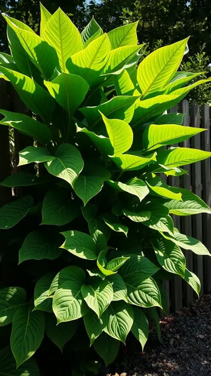 19+ Stunning Backyard Plants to Grow Along Your Fence 12 A lush cluster of green hosta plants growing along a wooden fence.