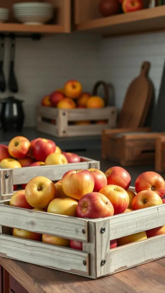 Wooden crates filled with fresh apples on a kitchen counter