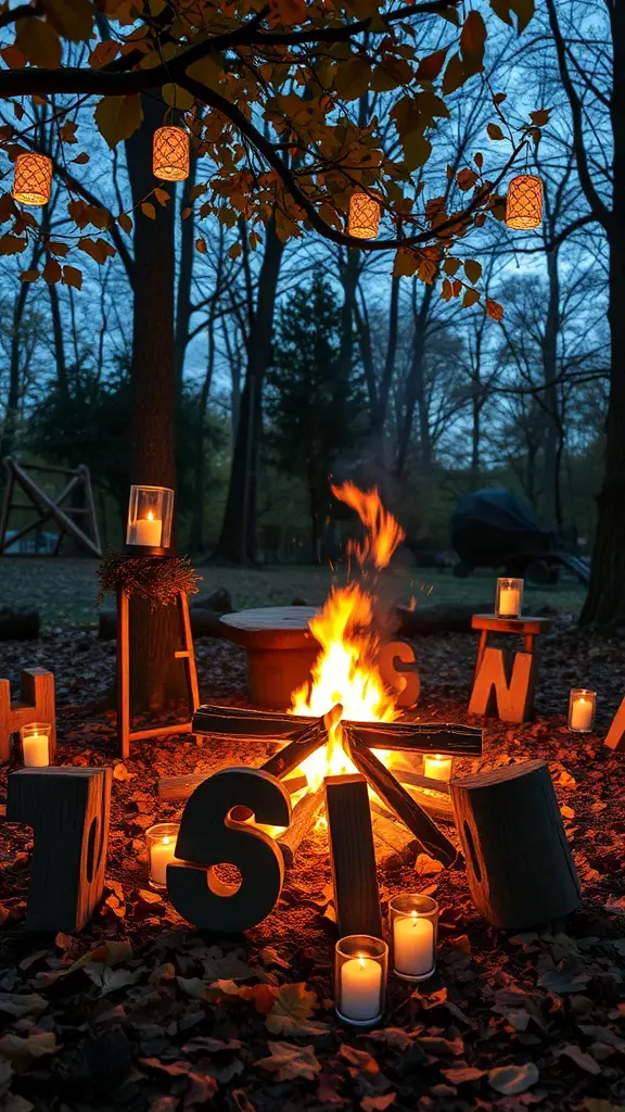 21+ Fun and Creative Bonfire Party Ideas for Unforgettable Nights 14 A cozy bonfire setup with lanterns, candles, and natural decor.