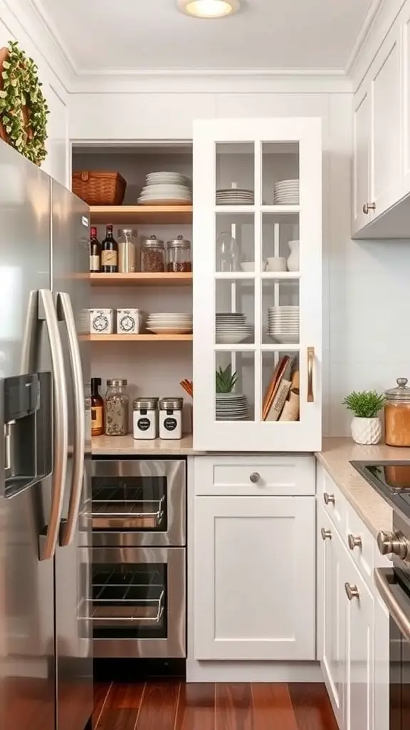 A small cottage kitchen featuring a corner pantry with glass doors, open shelving, and organized storage.