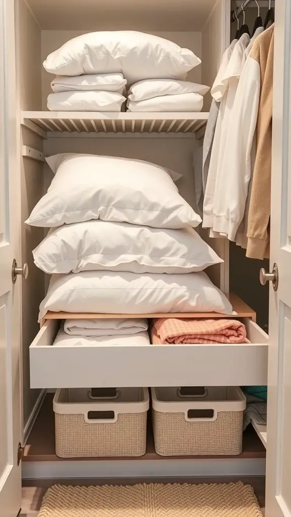 Organized linen closet with bedding sets and drawer organizers