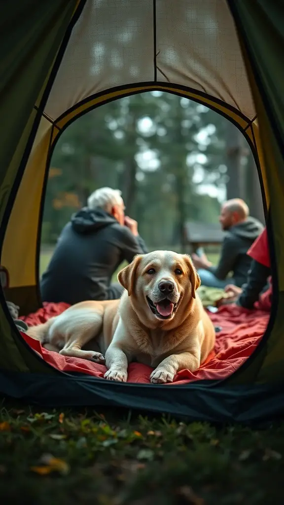 A happy dog lying inside a tent while people chat in the background.