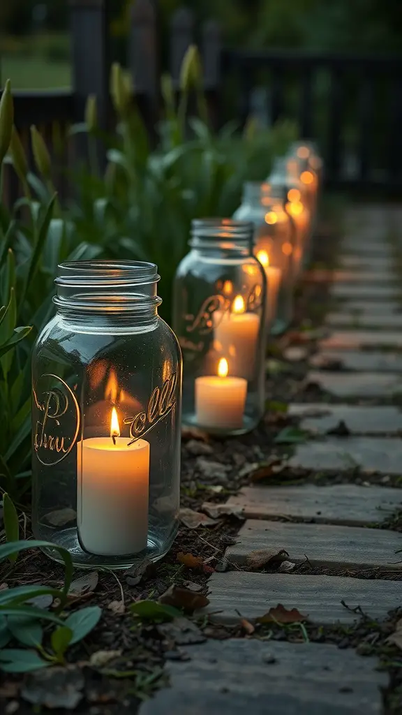 23+ Spooky DIY Outdoor Halloween Decorations to Enchant Your Yard 11 A row of mason jar lanterns with candles glowing along a pathway.