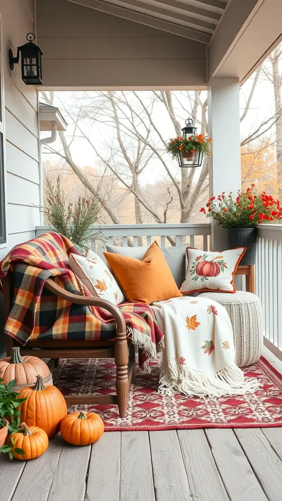 25+ Stunning Fall Front Door Decor Ideas to Transform Your Home 4 A cozy front porch decorated with blankets, pillows, and pumpkins for fall.
