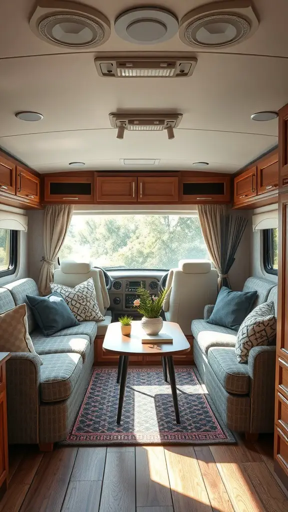 23+ Cozy RV Living Room Ideas for Ultimate Comfort 7 Cozy RV living room with comfortable seating and decorative elements.