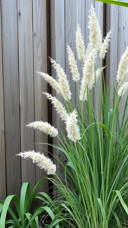 19+ Stunning Backyard Plants to Grow Along Your Fence 7 Tall, feathery pampas grass growing along a wooden fence.