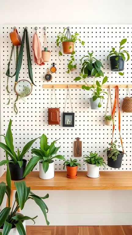 21+ Easy and Affordable DIY Headboard Ideas to Transform Your Bedroom 14 A pegboard wall with plants and decor items, illustrating a creative headboard idea.