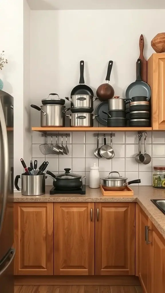 23+ Genius Ways to Organize Your Pots and Pans Storage 15 A kitchen with pots and pans organized on shelves above the cabinets.