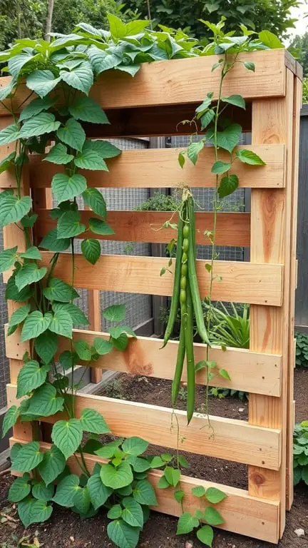 21+ Creative Pallet Garden Ideas You Need to Try 11 A wooden pallet trellis with climbing plants and pea pods.