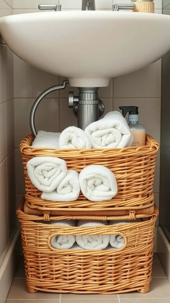 23+ Creative Under Sink Bathroom Organization Ideas with 15 Must-Have Items 7 Two stacked wicker baskets under a bathroom sink, filled with rolled towels.