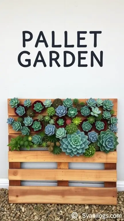 21+ Creative Pallet Garden Ideas You Need to Try 9 A wooden pallet garden filled with various succulents, showcasing a creative wall art idea.