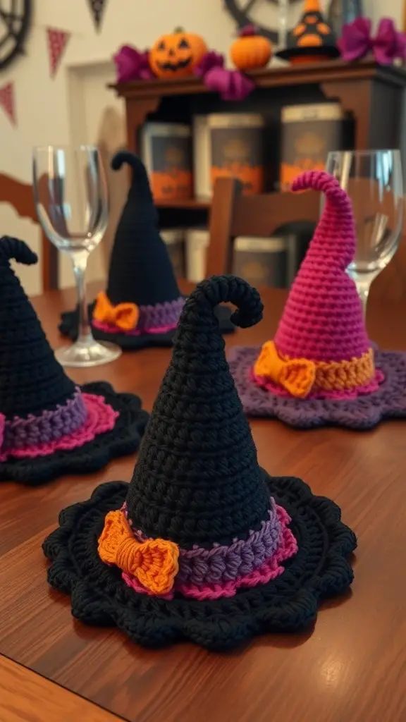 23+ Spooktacular Halloween Crochet Ideas You Need to Try 8 Crocheted witch hat coasters in black, purple, and orange on a wooden table.