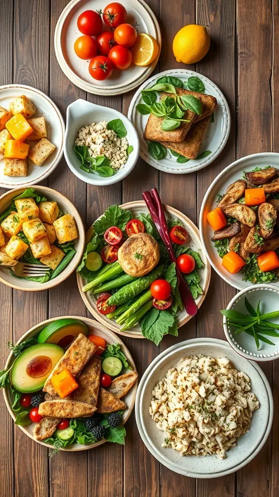 21+ Delightful Wedding Garden Party Ideas to Inspire Your Celebration 4 A variety of colorful and fresh garden-inspired dishes arranged on wooden tables.