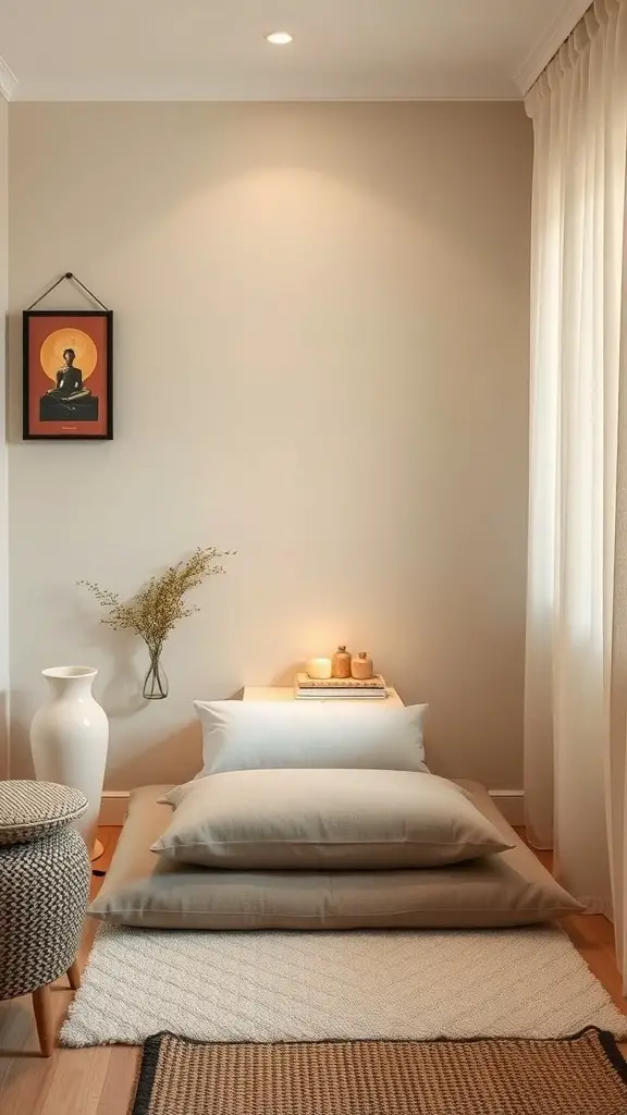 A serene meditation space with cushions, plants, and soft lighting.