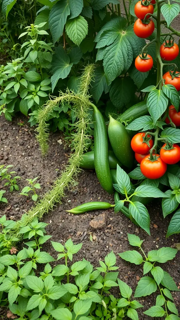 21+ Cottagecore Garden Essentials for a Whimsical Outdoor Retreat 13 A vibrant garden patch with tomatoes, zucchini, and green leaves.